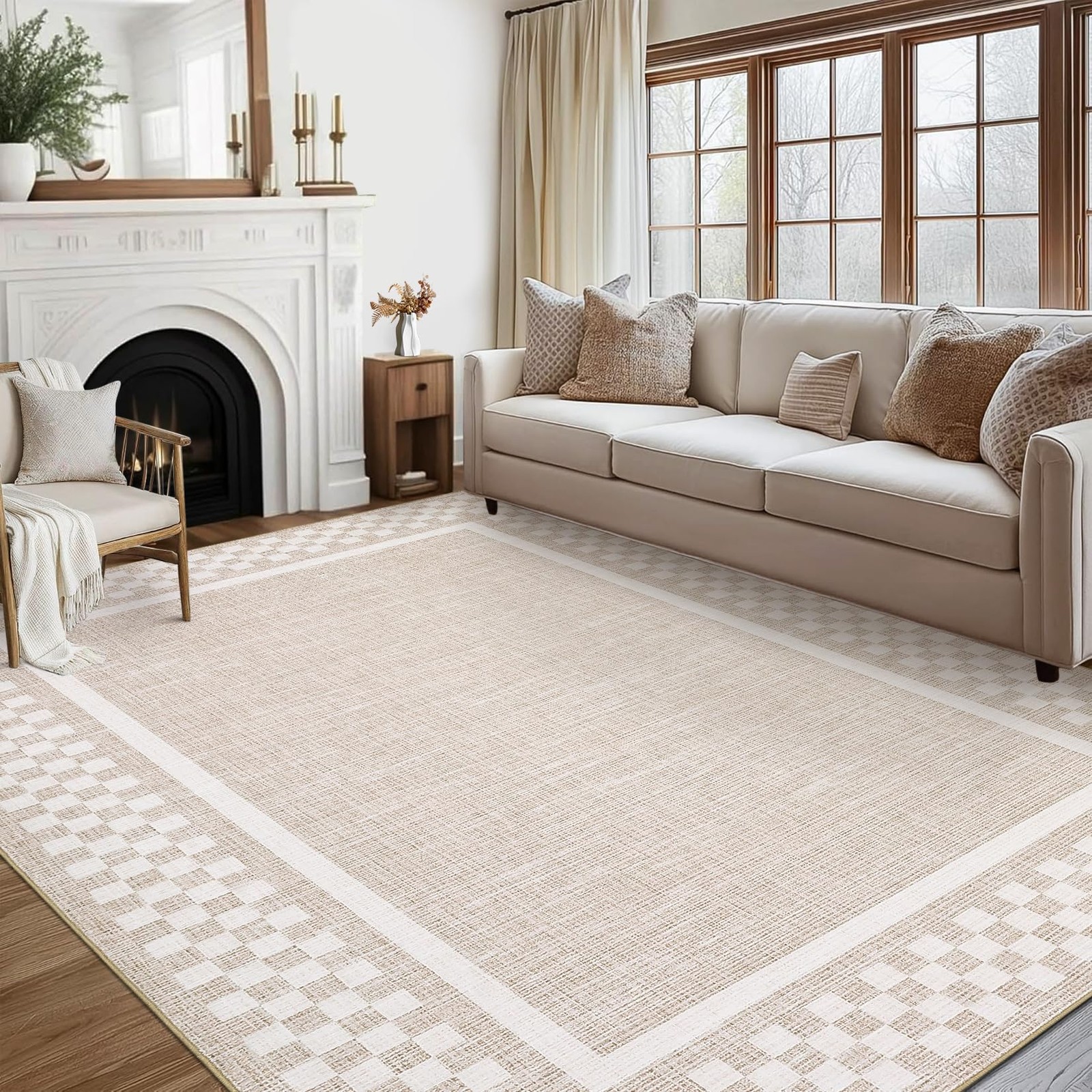 Geometric Simple Bordered 5×7 Washable Area Rug Non Slip Living Kitchen Bedroom