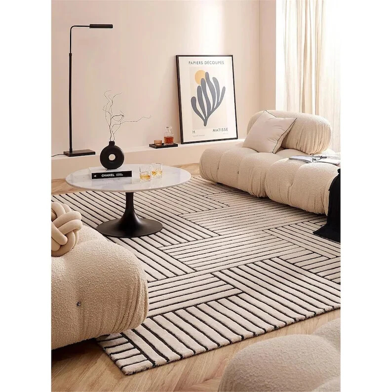 Hand-Tufted White, Black Color Rug Living Room Handmade Area Rug