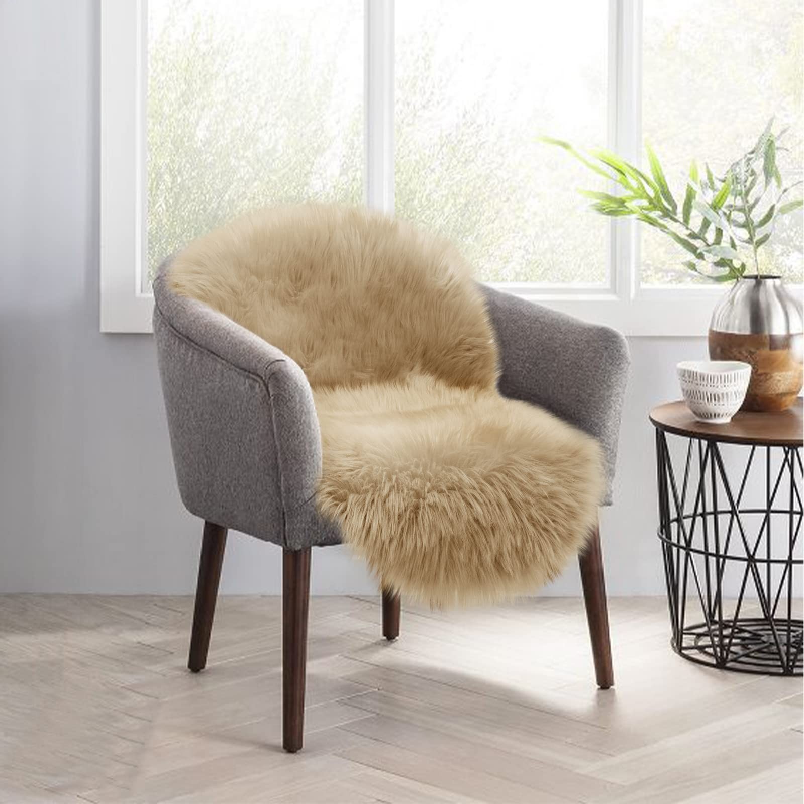 Faux Fur Rug Sofa Chairs Cover, Beige Small Rug for Bedroom, 2X3 Shaggy Furry…