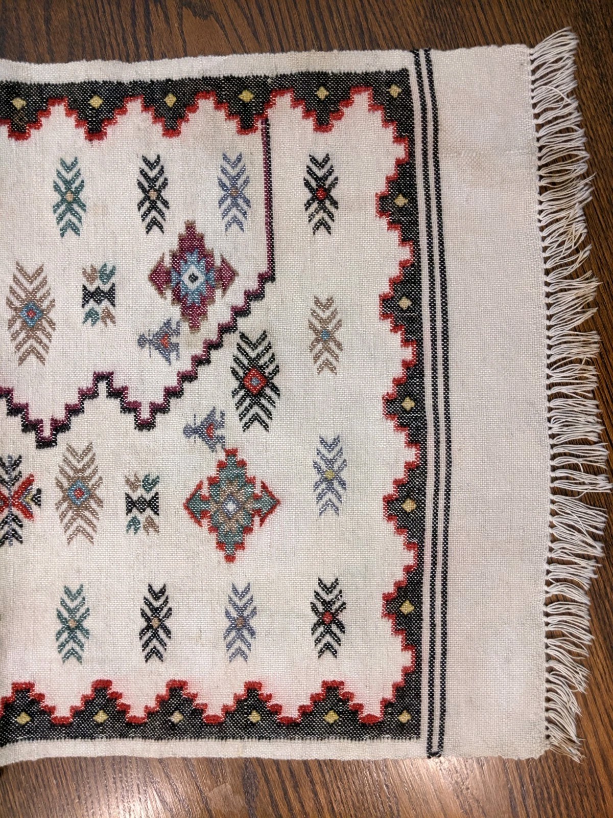 Vtg Hand woven Rug 58″ X 22″ Wool Natural Geometric Moroccan Turkish Greek Kilim