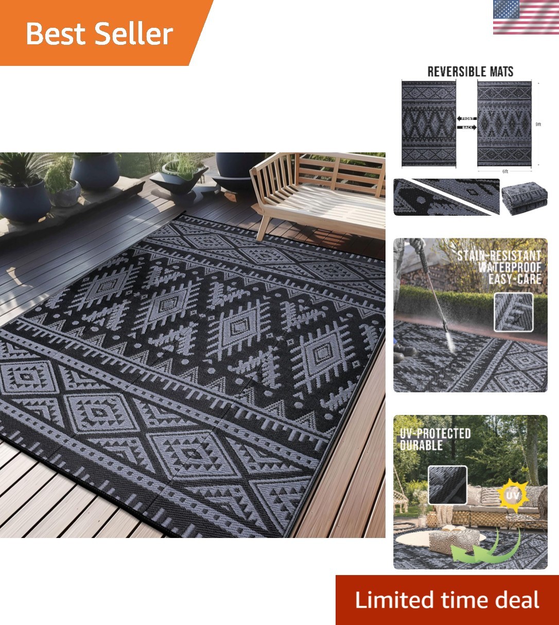 Lightweight 6×9 ft Reversible Boho Outdoor Rug – Quick Dry & Waterproof