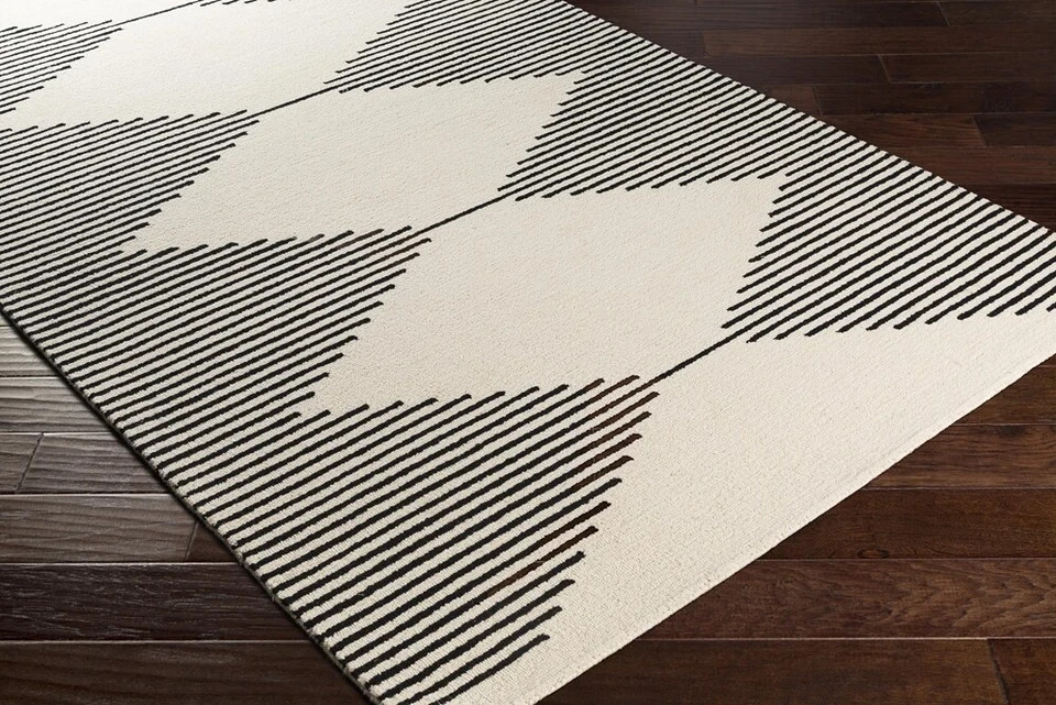 Brand New Modern Black & White Loop Hand-Tufted 100% Wool Soft Area Rug Carpet