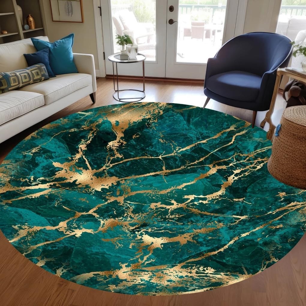 Marble Texture Emerald Green Gold Round Area Rug for Living Room Bedroom Gues…