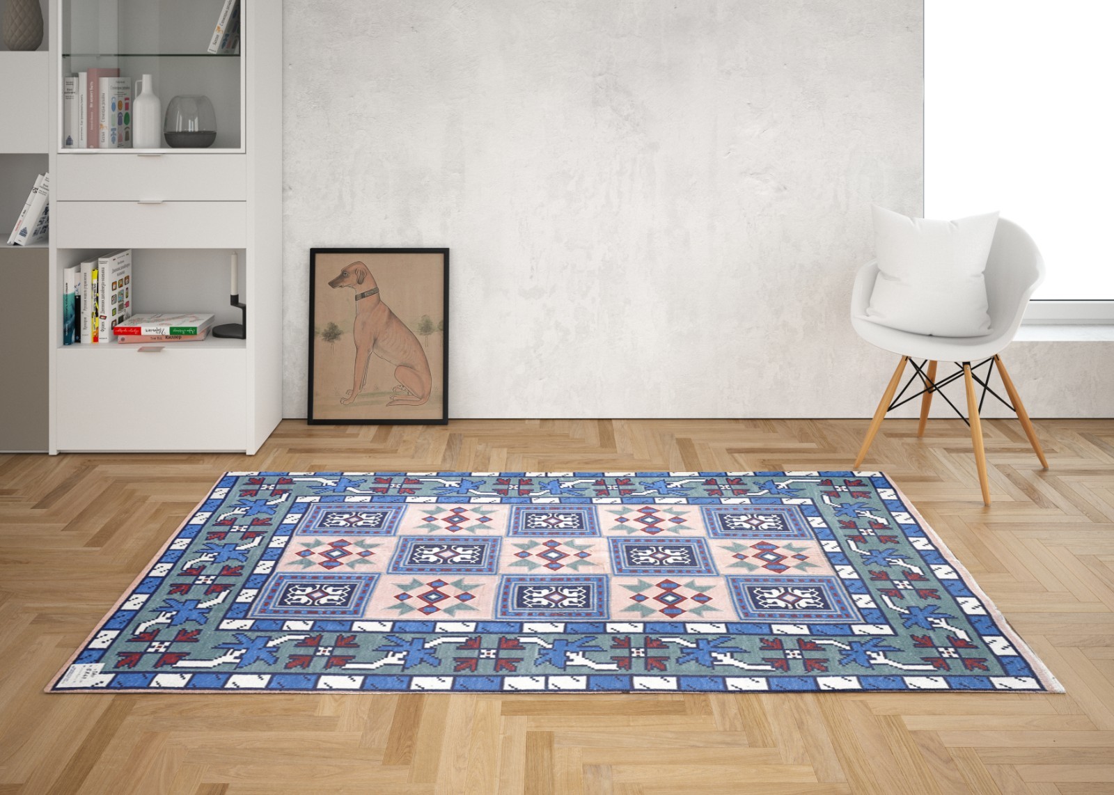 Handwoven Cotton Rug 5′ x 6’7″ Blue Tribal Geometric Dhurrie 5201