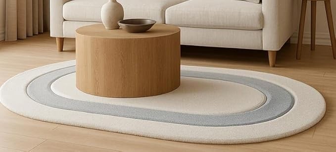 Modern Oval Area Rug, Hand Tufted Wool Carpet for Living Room, Cream and Blue