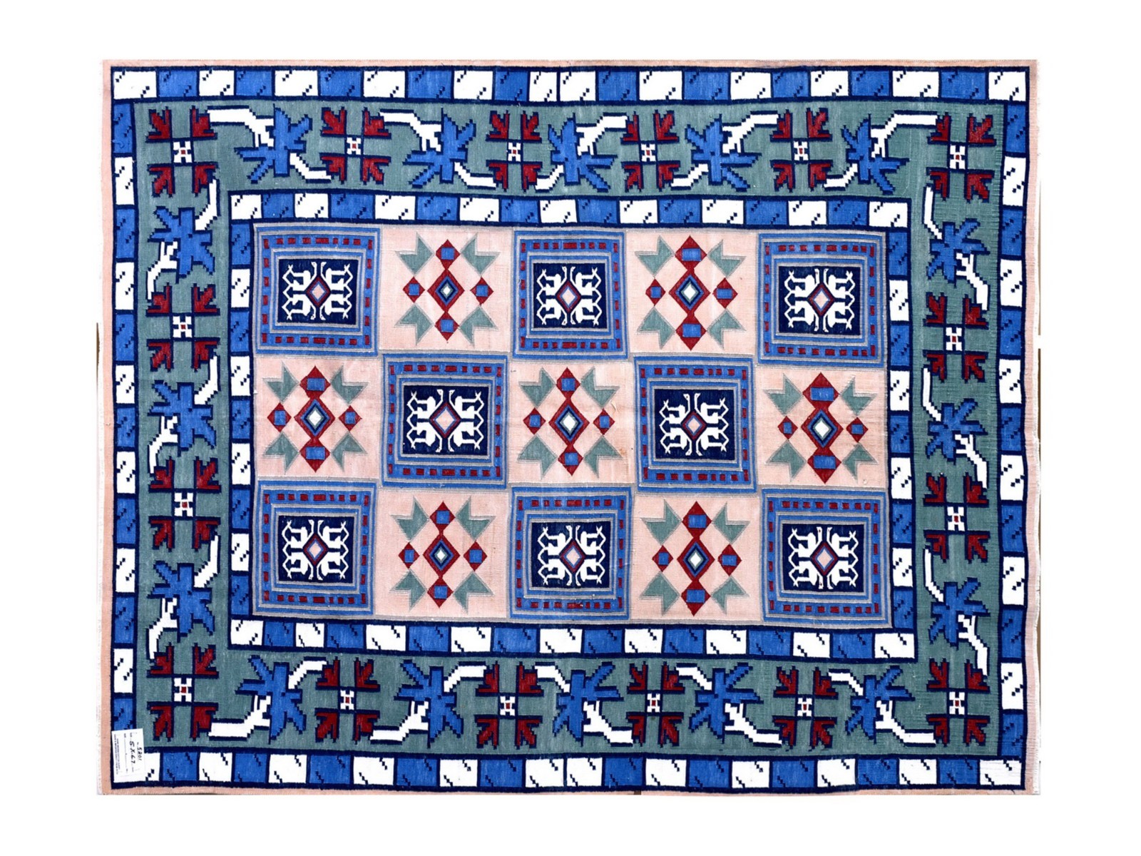 Handwoven Cotton Rug 5′ x 6’7″ Blue Tribal Geometric Dhurrie 5201