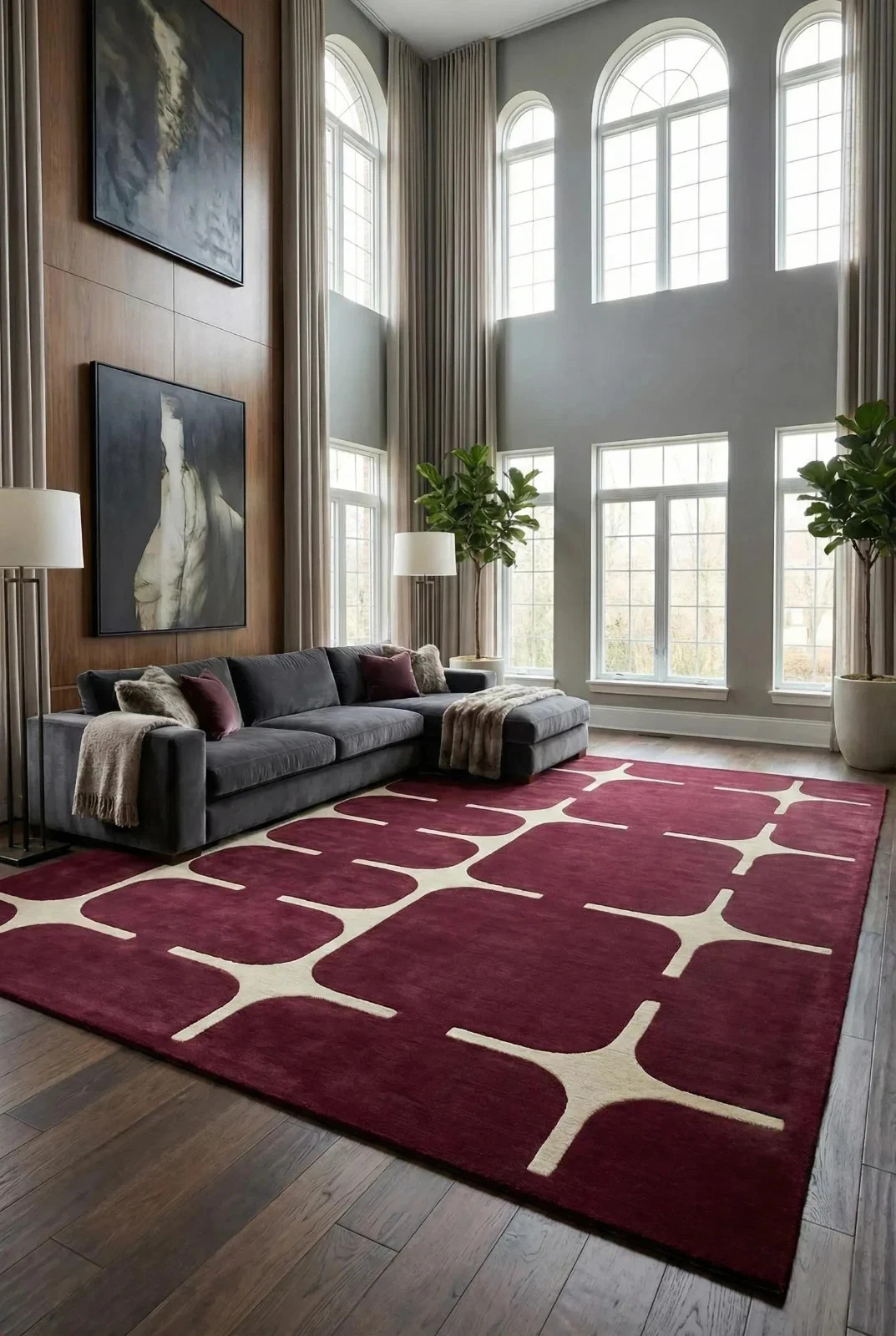 Modern Burgundy Wool Area Rug Hand Tufted | Large Living Room Carpet