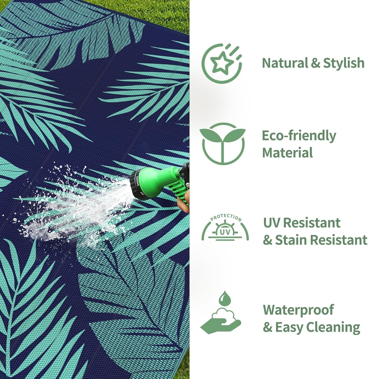 Reversible Navy Blue and Jade Green Weather Resistant Portable GENIMO Straw Rug