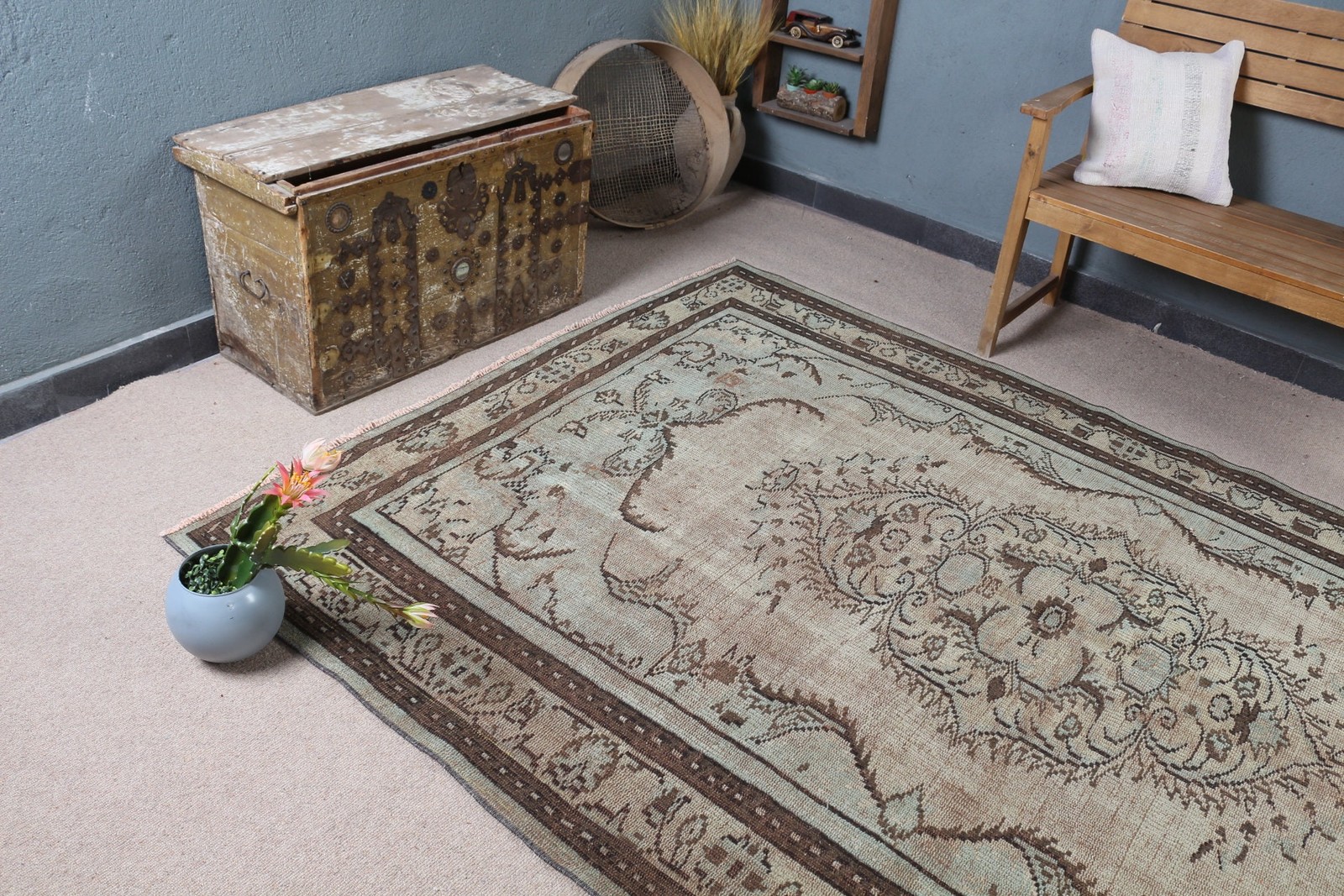 5,7×8,7 ft Rug, Vintage Turkish Rug, Brown Wool Rug