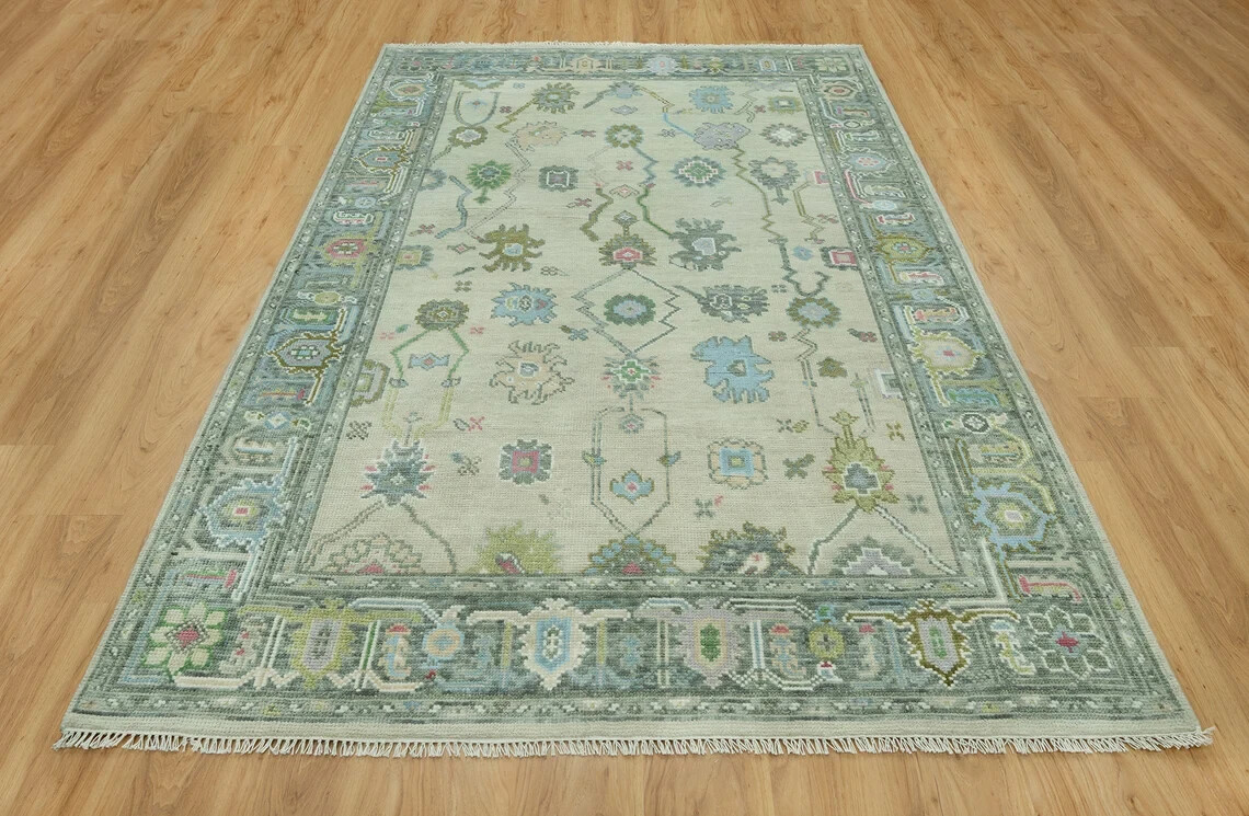 9’x12 Oushak Rug Contemporary Pastel beige Gray Floral Rug with Color Pop