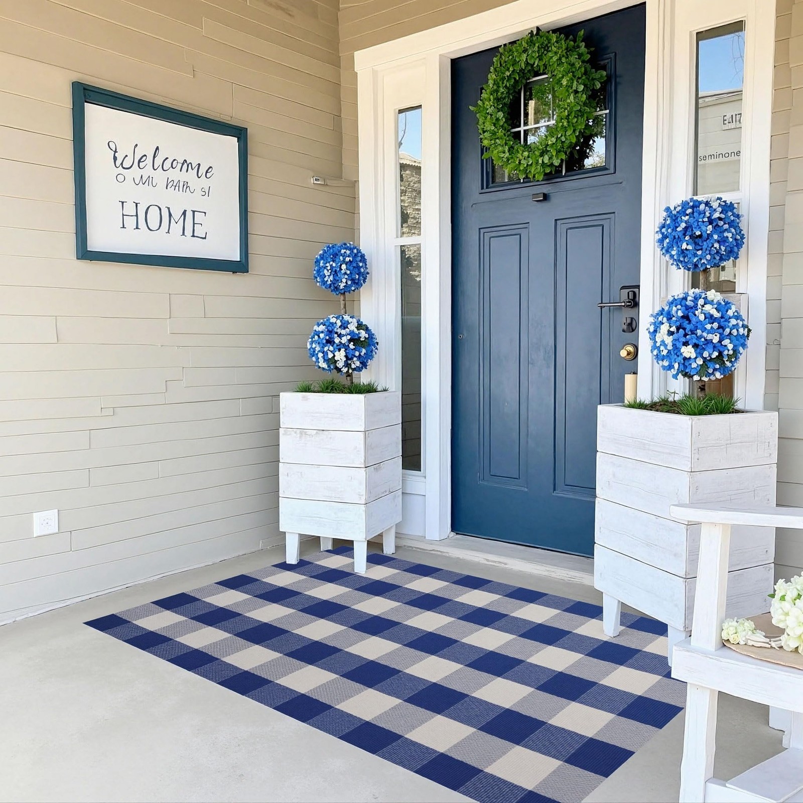 Buffalo Plaid Outdoor Rug 3×5 Ft Blue and White Checkered Area Rug Washable D…