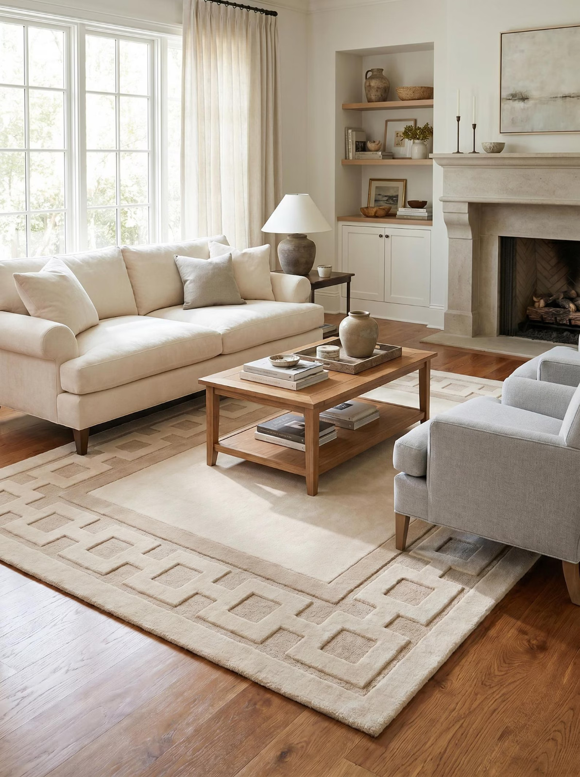 Luxury Greek Key Hand Tufted Handmade Neutral Area Rug Modern Beige Living Room
