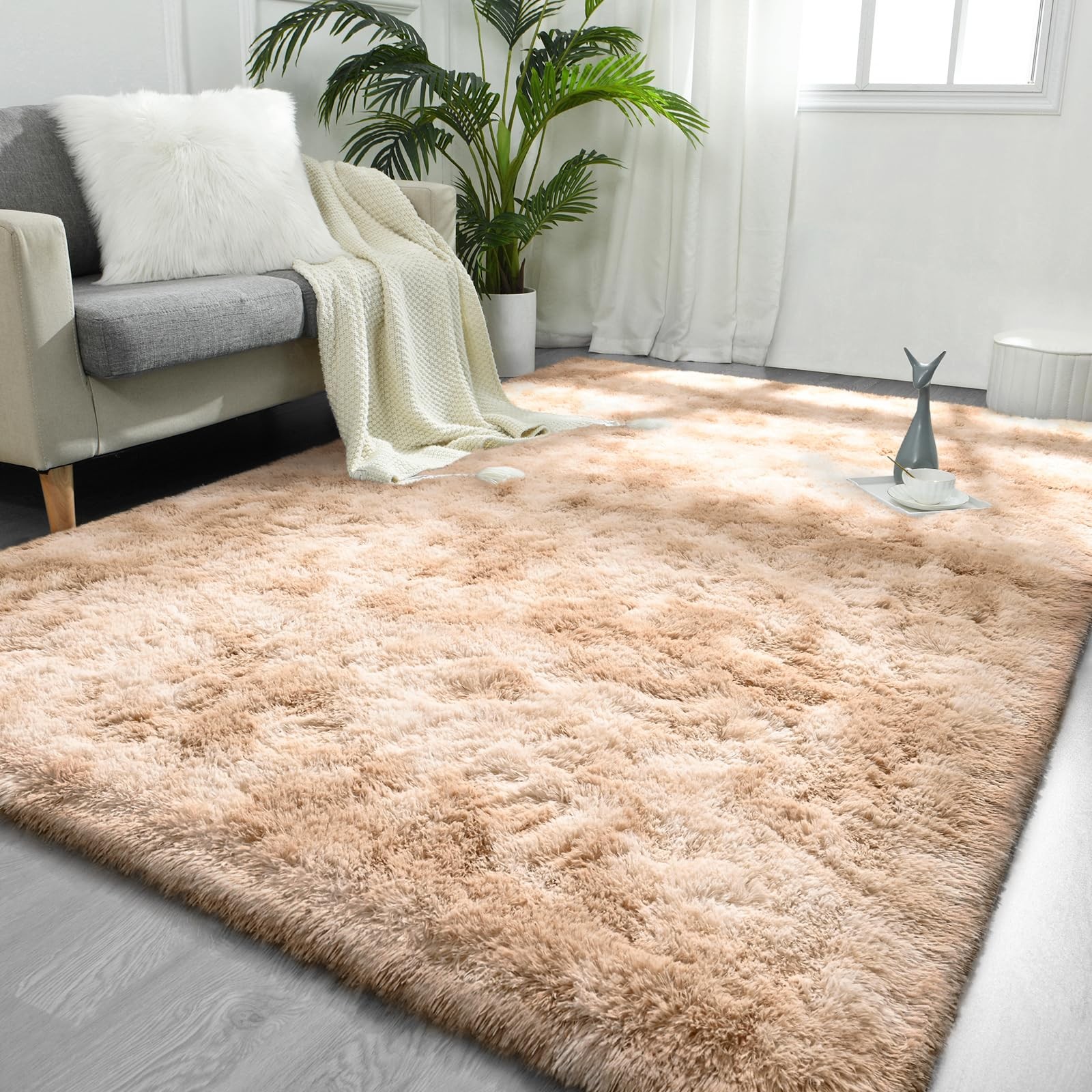 Large Area Rugs for Living Room, 4×6 Feet Tie-Dyed Beige Shaggy Rug Fluffy Th…