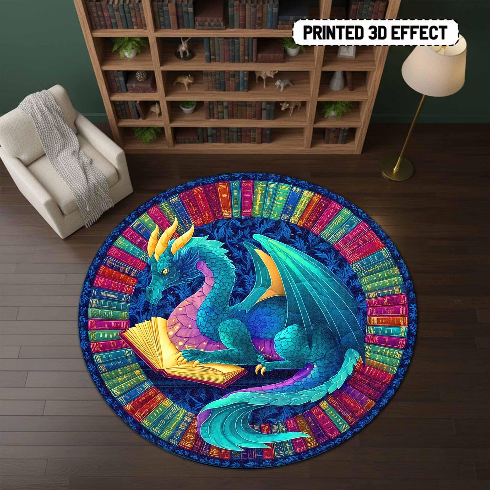Fantasy Dragon Round Mat Colorful Reading Rug Library Decor Kids Bedroom Gift