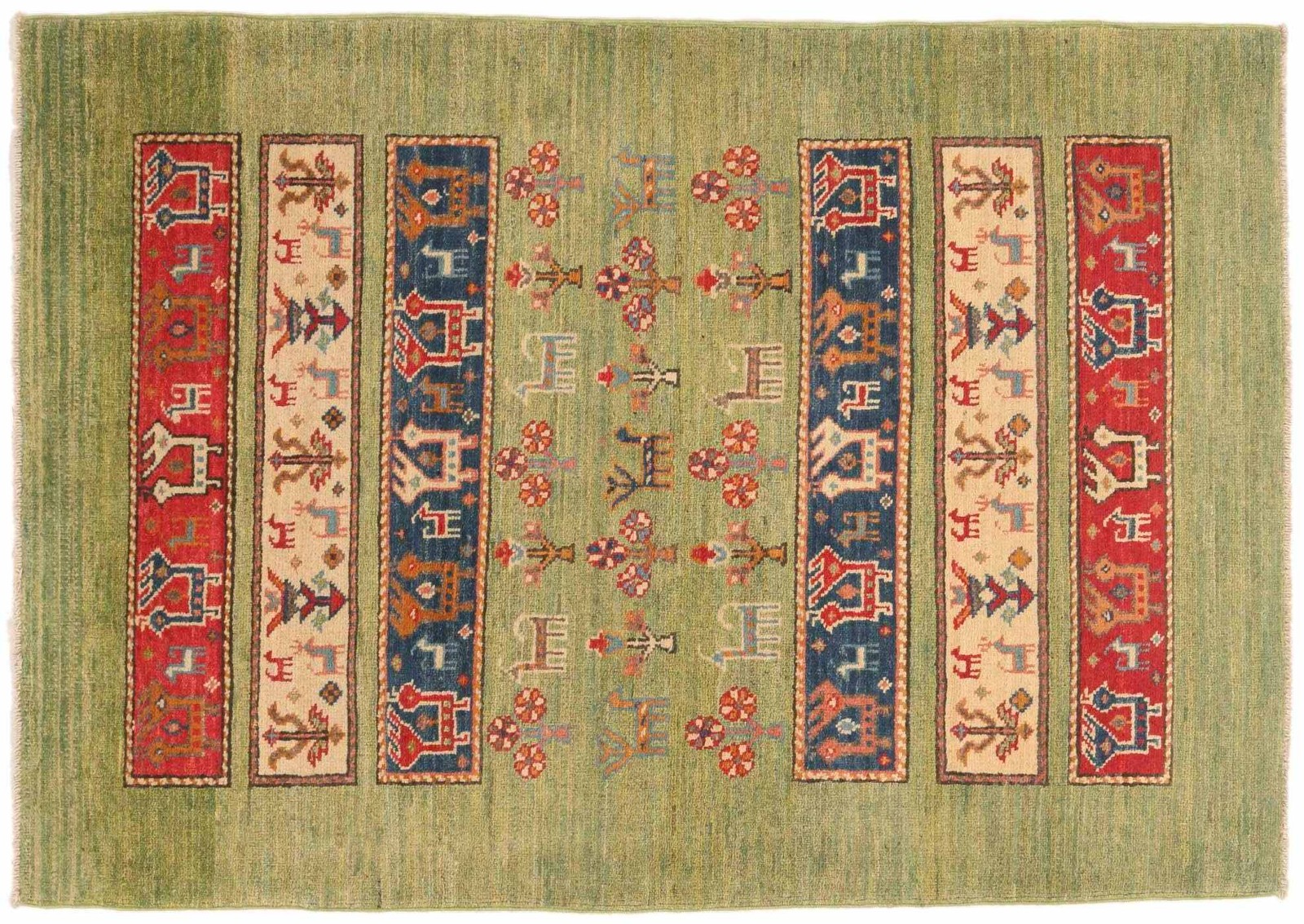 Kazak Carpet 100×150 Hand-knotted Light Green Nomad Pattern Oriental UNIQUE