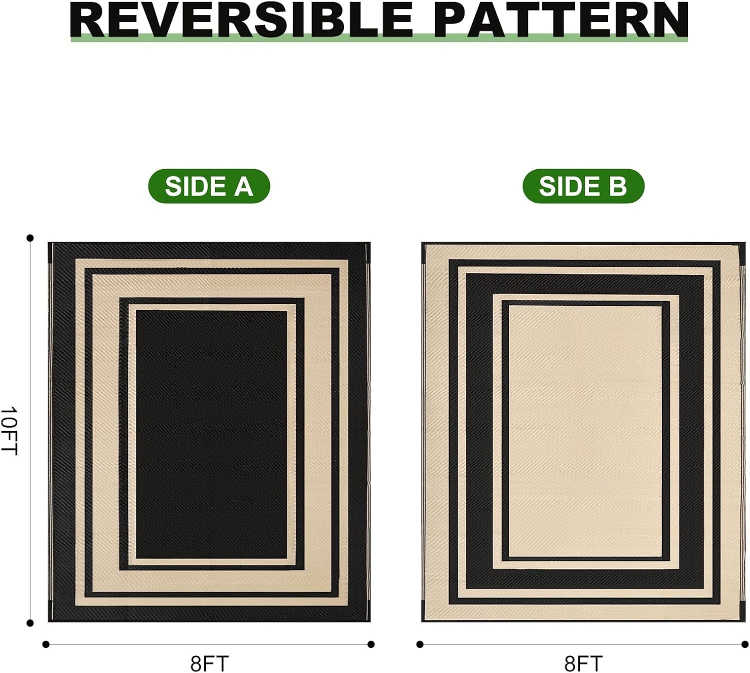 Black and Beige Outdoor Rug 8×10 Waterproof Reversible for Porch Balcony
