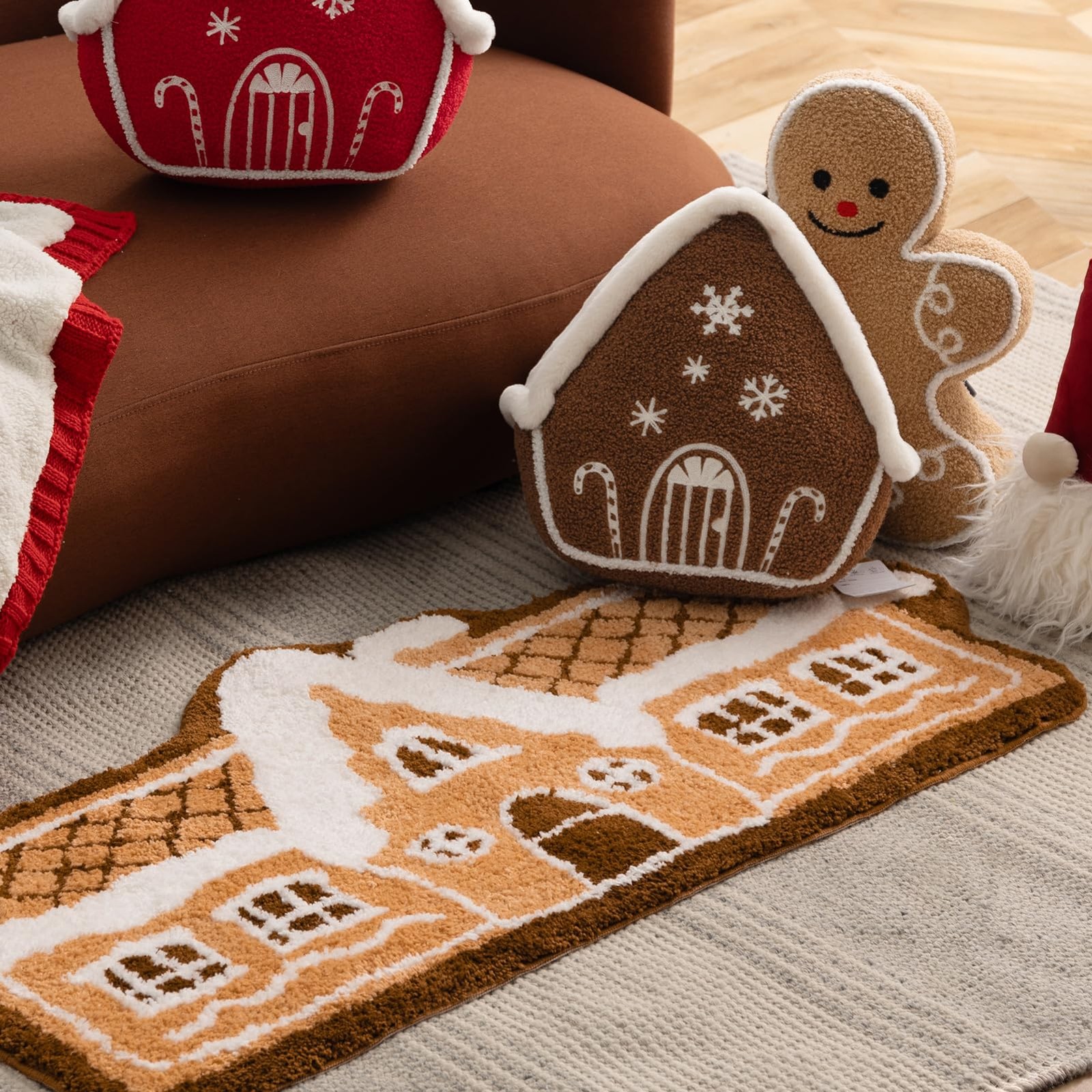 Christmas Rug, Gingerbread House Shaped Area Rug, Non-Slip Ultra Soft Microfi…