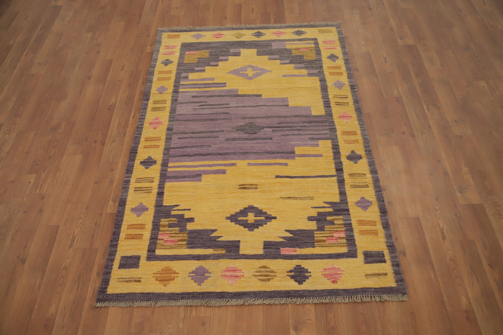 Gold/ Purple Kilim Accent Rug 3×5 Vegetable Dye Geometric Wool Tribal Carpet