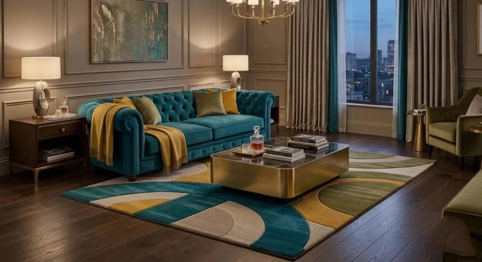 Luxury Teal Gold Abstract Wool Rug, Hand Tufted Modern Area Rug Geometric Carpet
