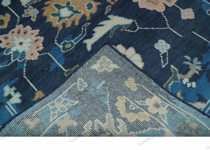 Blue, Camel and Ivory Traditional Oriental Oushak Wool Area Rug 4×6, 5×8, 8×10 .