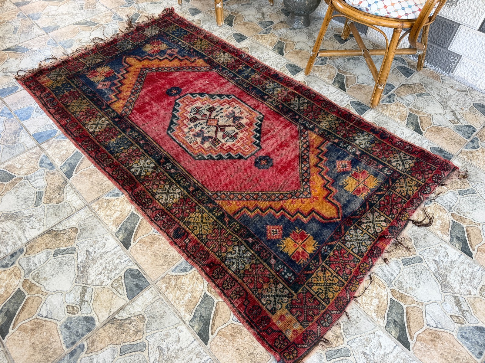1980s Geometric Turkish Vintage Rug, Distressed Handmade Anatolian Wool Area 4×6