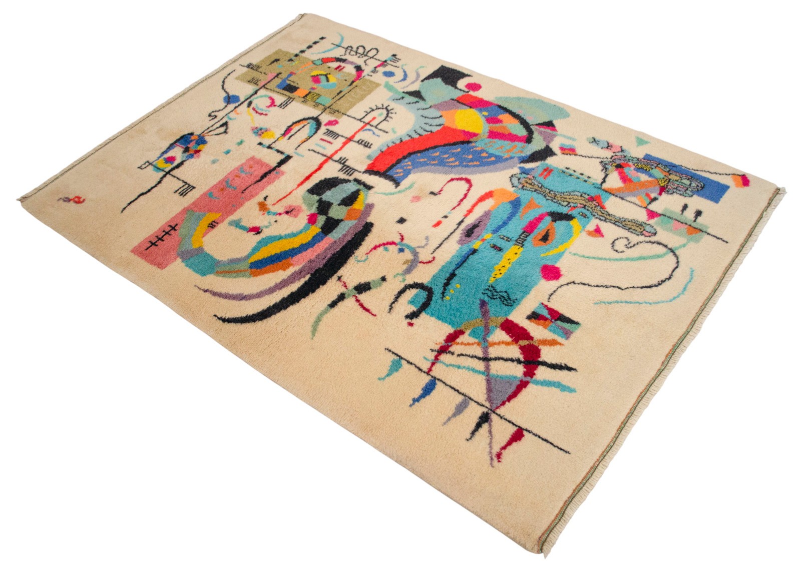Kandinsky Style Abstract Rug | Vintage Hand-Knotted Wool Art Carpet 3’7″ x 5’0″