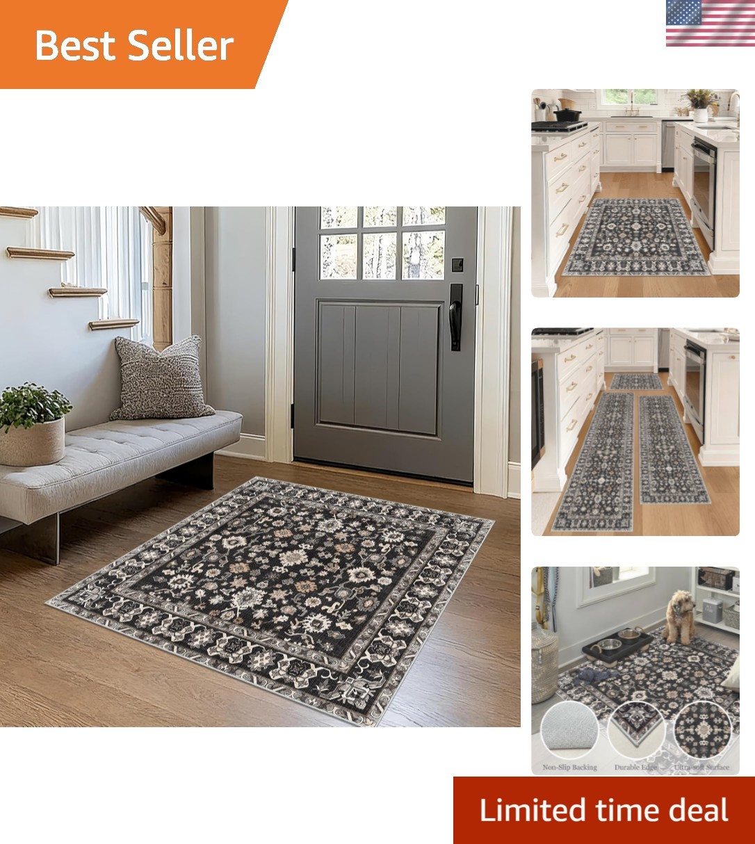 Square 4×4 Rug Entryway: Non Slip Machine Washable Indoor Carpet for Entry Ki…