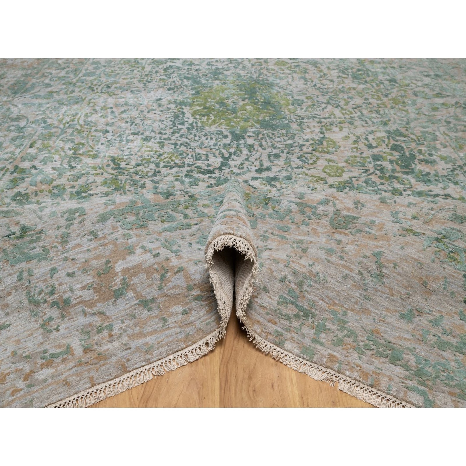 11’10″x15’1″ Green Erased Medallion Design Hand Knotted Wool & Silk XL Rug 92462