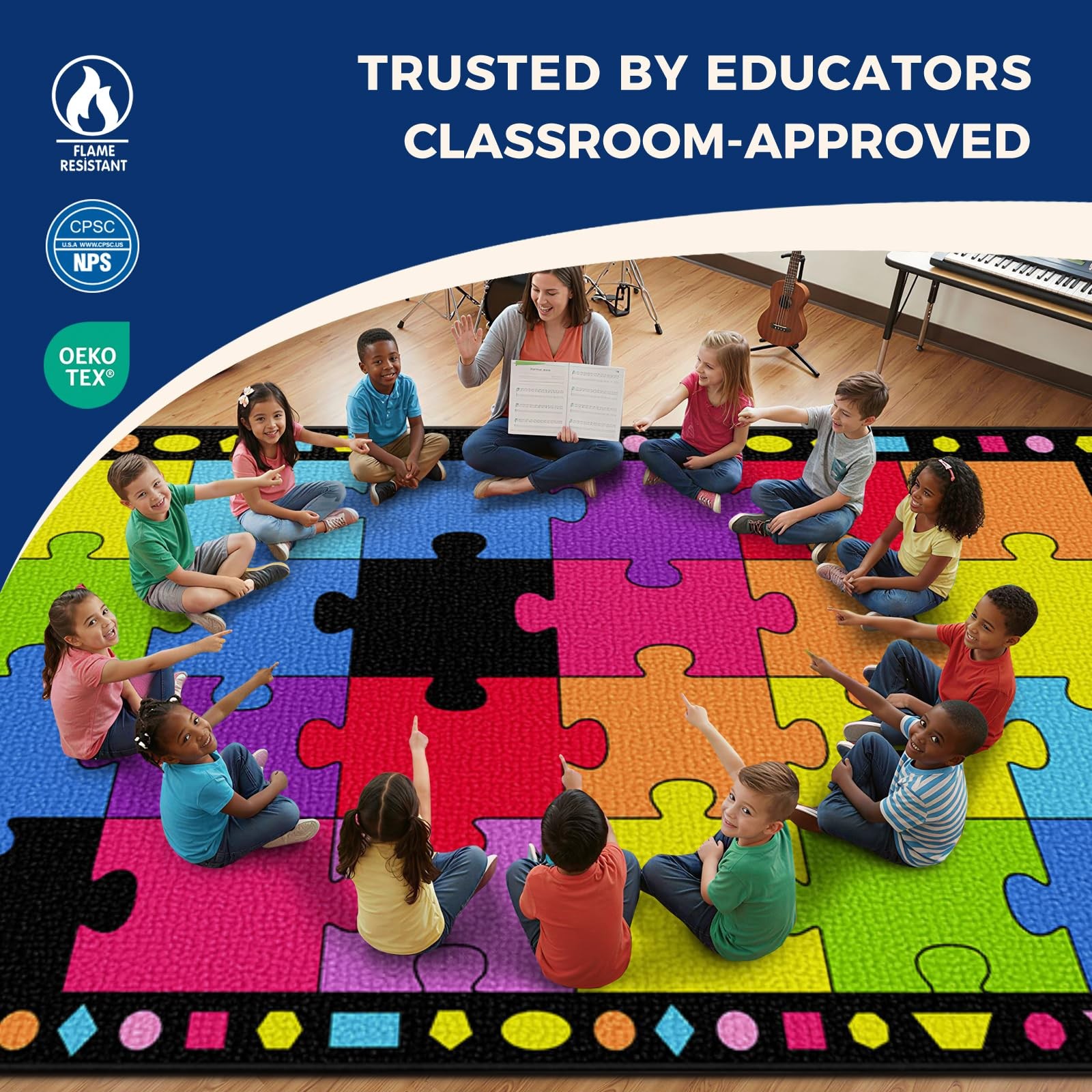 Booooom Jackson Colorful Rainbow Classroom Rug – 7’6″ x 13’1″ Large Carpet wi…