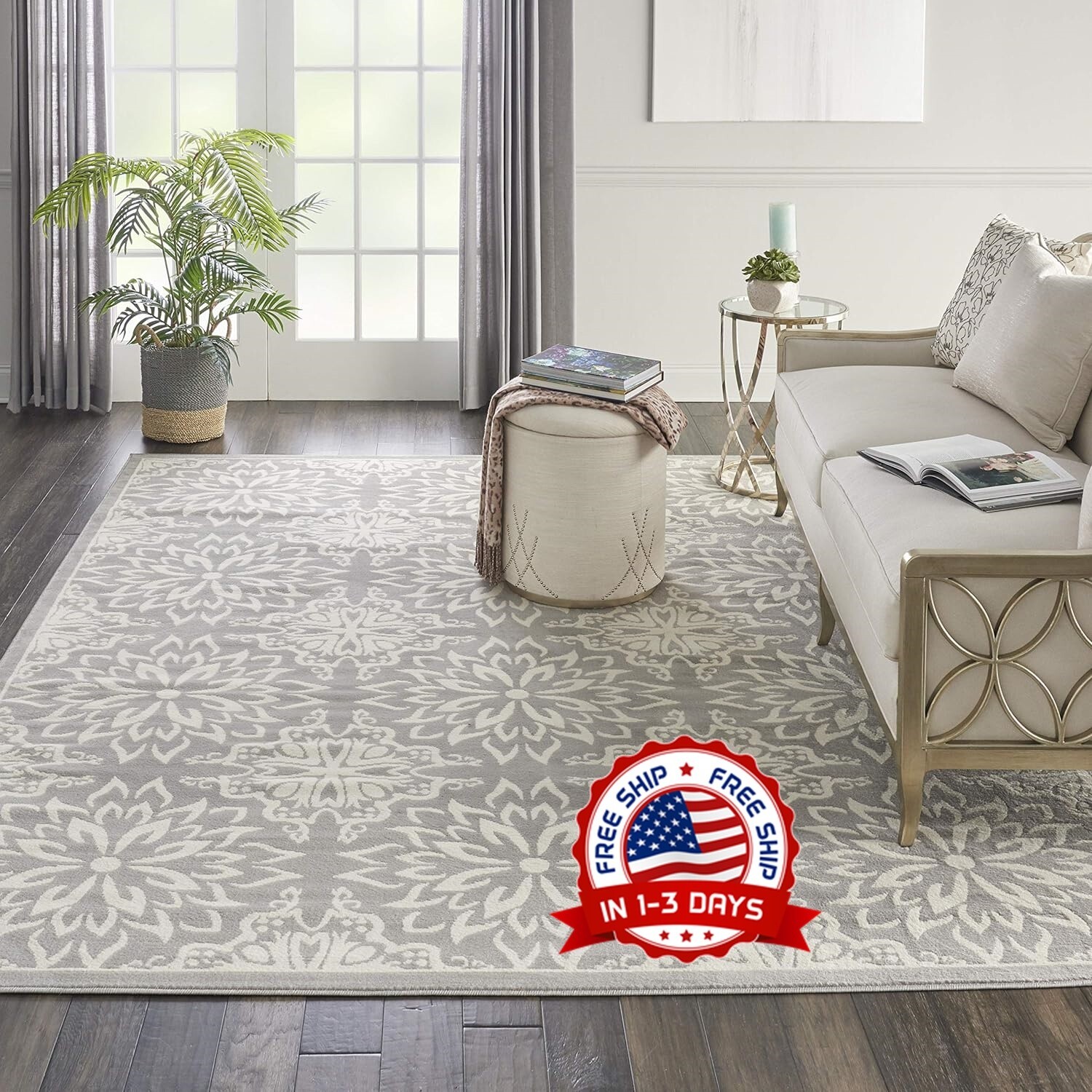 Alfombra De Área Grande 7’x10′ Para Sala De Estar Floral Marfil/Gris NUEVO 2024