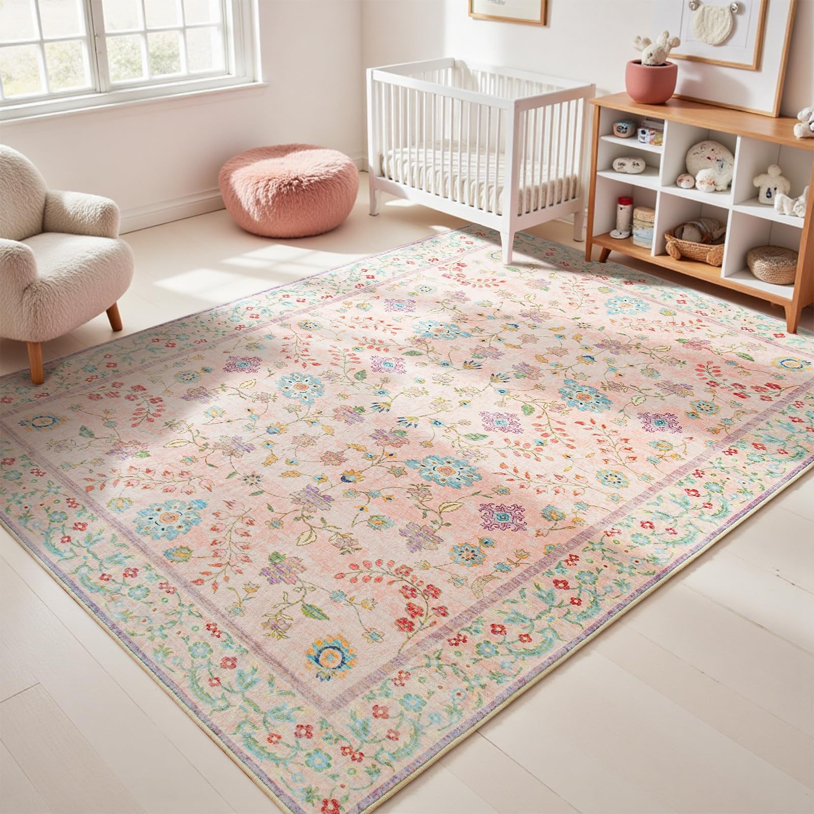 Pale Pink Rug for Girls Room, 4×6 Floral Washable Area Rug Non Slip, Boho Low…