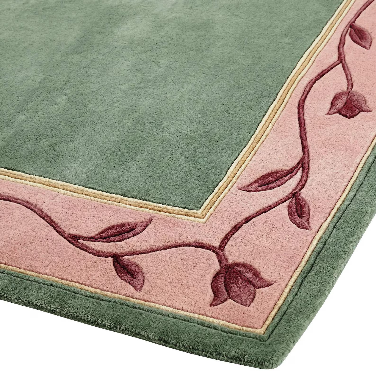Hand-Tufted NZ Wool Rug Sage Green Floral Border Carpet Cottagecore Botanical