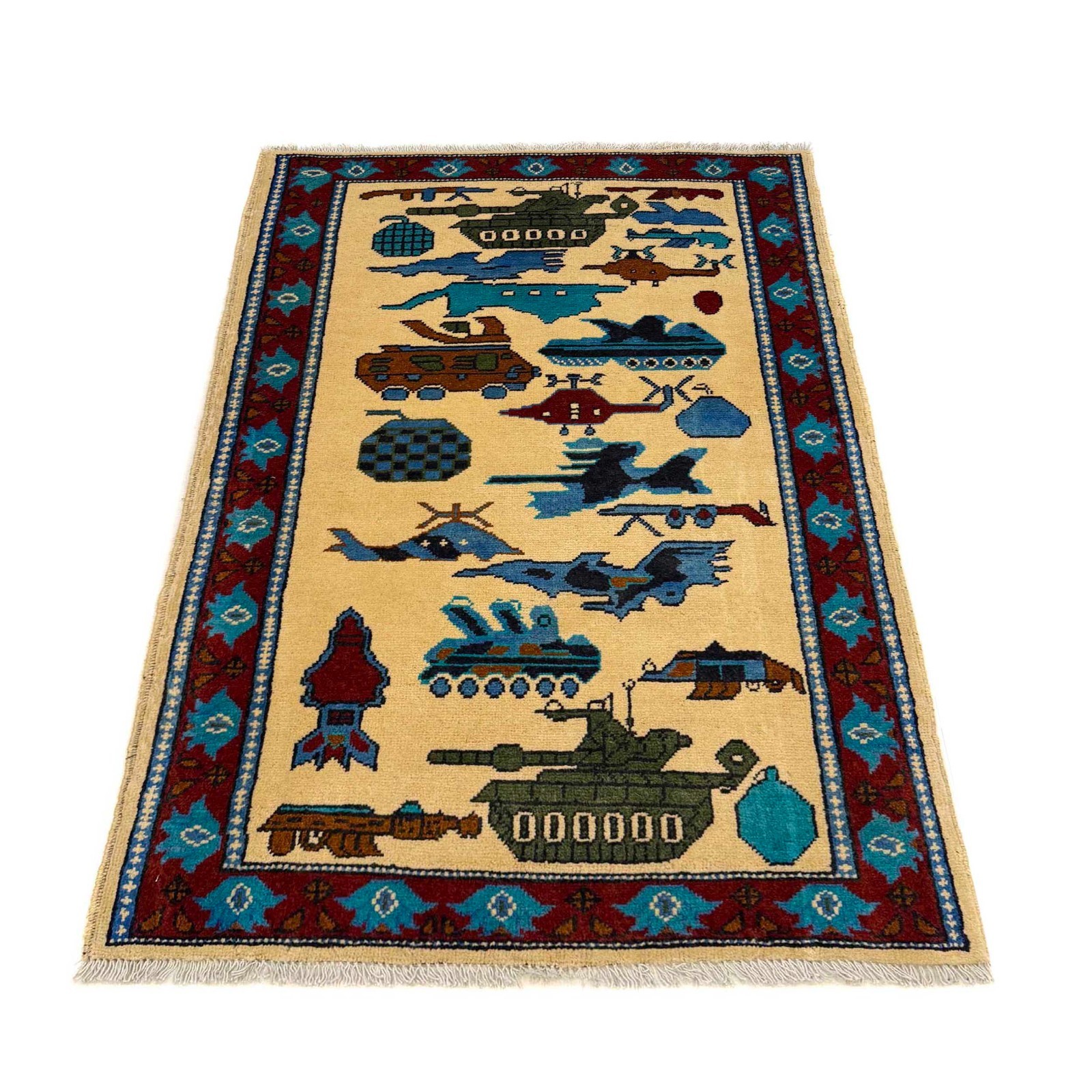 Tribal Hand Made Afghan WAR Design Pictorial Rug 2’9×4’4 Ft Beige Carpet -G36550