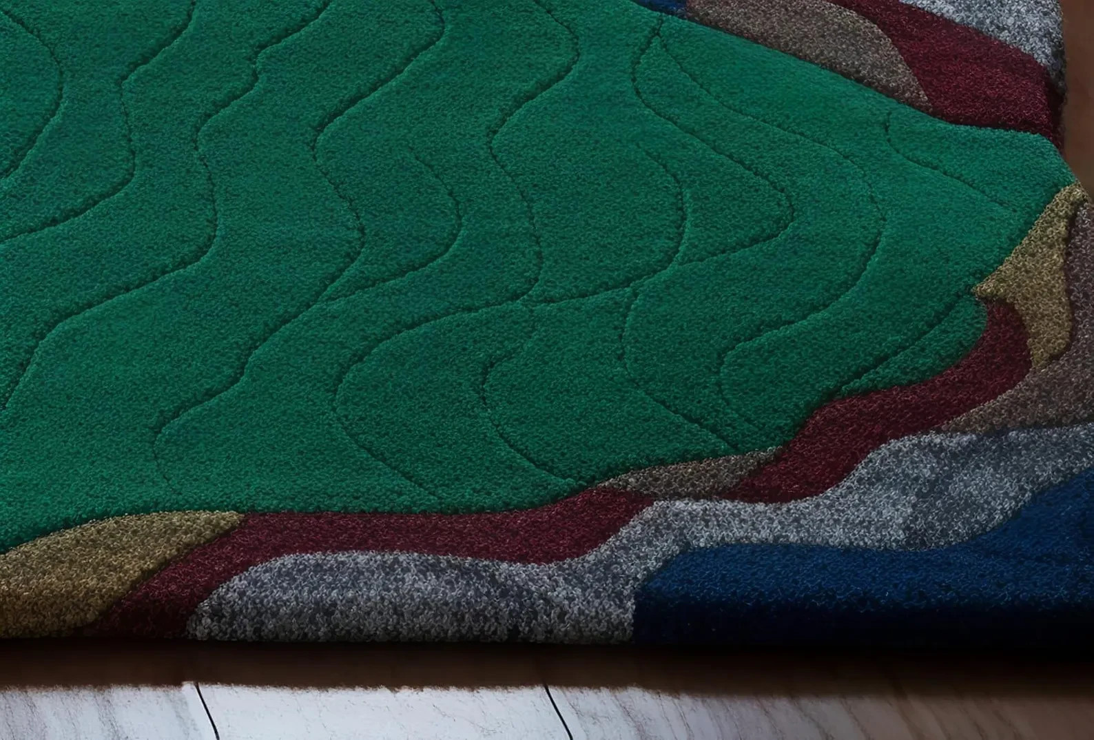 Hand Tufted Wool Rug, Emerald Green Abstract Wave, Organic Border, Modern Carpet