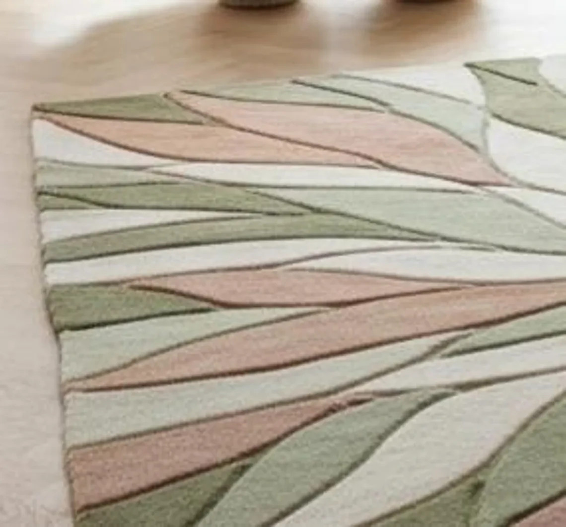 Hand Tufted Wool Rug, Modern Floral Botanical Area, Sage Green Blush Beig Carpet