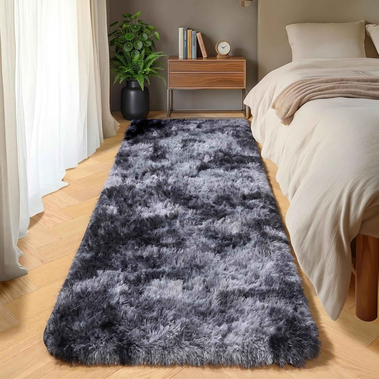 Runner Rugs for Bedroom Living Room, Fluffy Tie-Dyed Dark Grey 2X6 Bedside Hallw