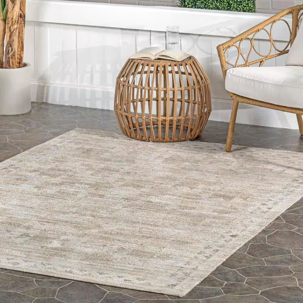 Beige 3 Ft. X 5 Ft. Shia Bordered Washable Outdoor Area Rug