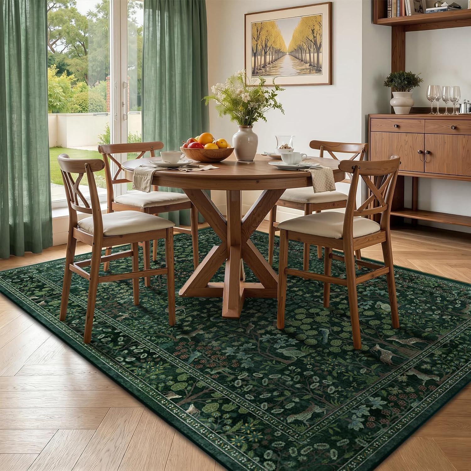 Woodland Floral Animal 5X7 Washable Rugs for Living Room, Whimsical Tree of Life
