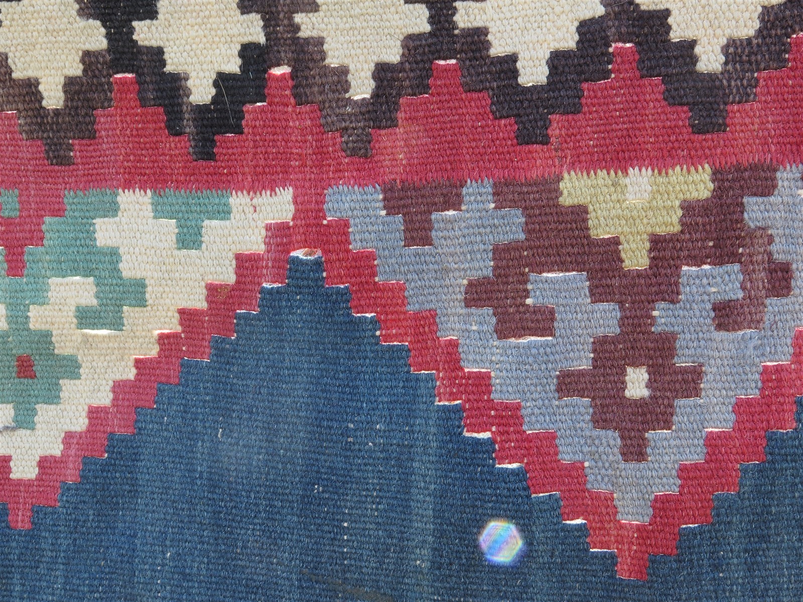 Vintage Handmade Turkish Kilim Area Rug in Blue, Pink, Purple & Brown 101″ x 67″