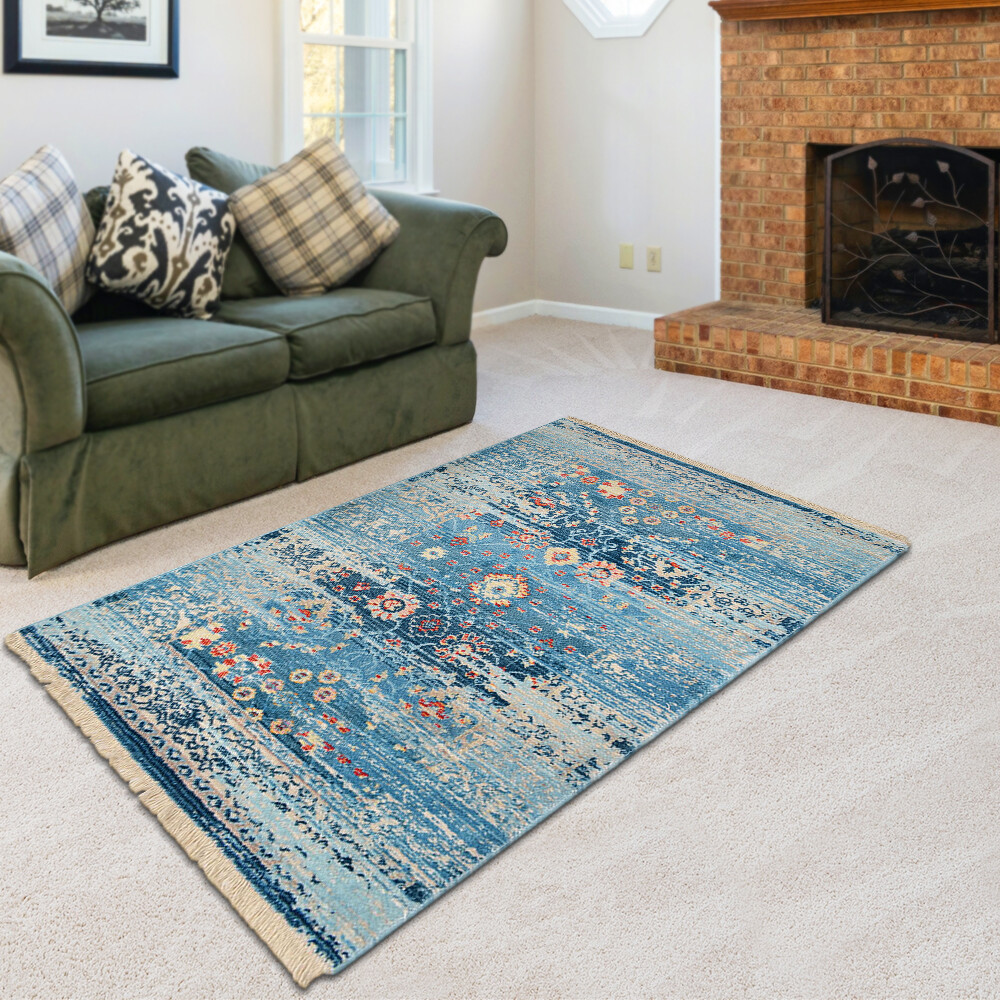 Machine Woven Cross Weave Polyester Area Rug Oriental Blue BBH Homes BBM00058