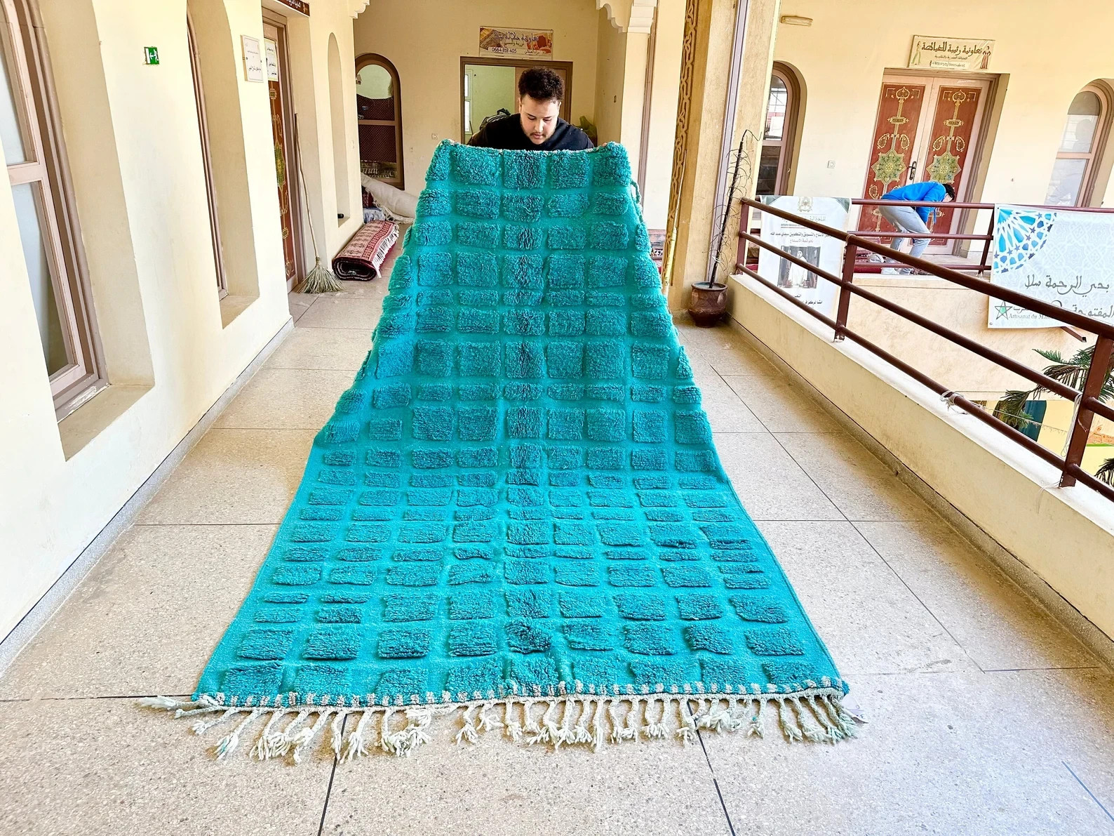New Moroccan Beni Ourain Wool Rug Color Teal Blue Handmade Design Carpet Rug