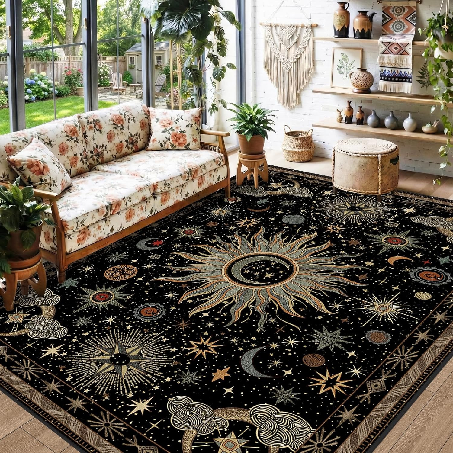 5X7 Area Rugs, Washable Vacuum-Friendly Non-Slip Rug Vintage Boho Gothic Sun and