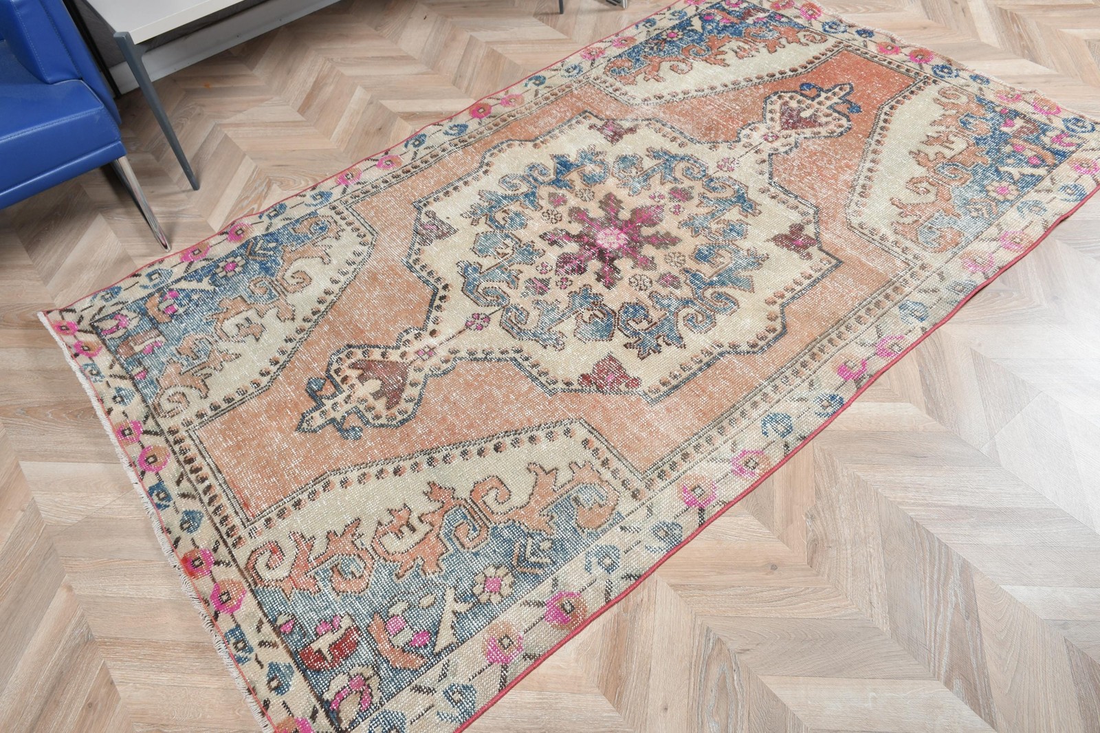 4,2×7 ft Turkish Rug, Vintage Area Rug, Blue Brown Handmade Wool Rug
