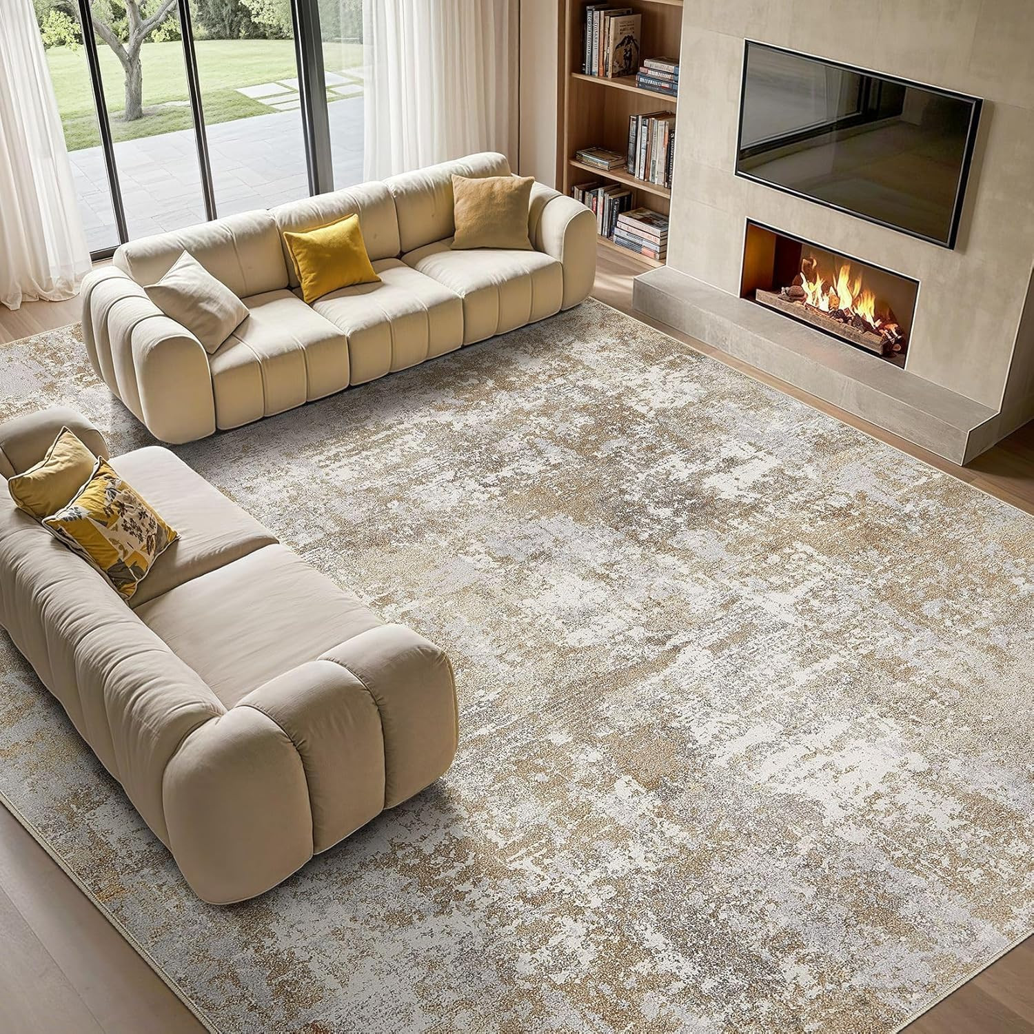 Washable 9X12 Area Rug for Living Room: Modern Abstract Neutral Large Soft Thin
