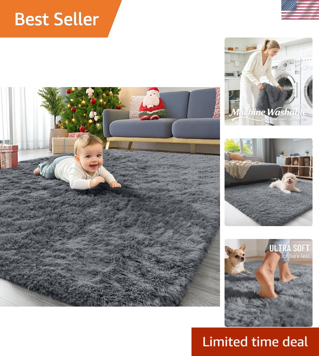 Elegant Grey 4×5.9 ft Shag Rug – Machine Washable, Non-Slip for Family Spaces