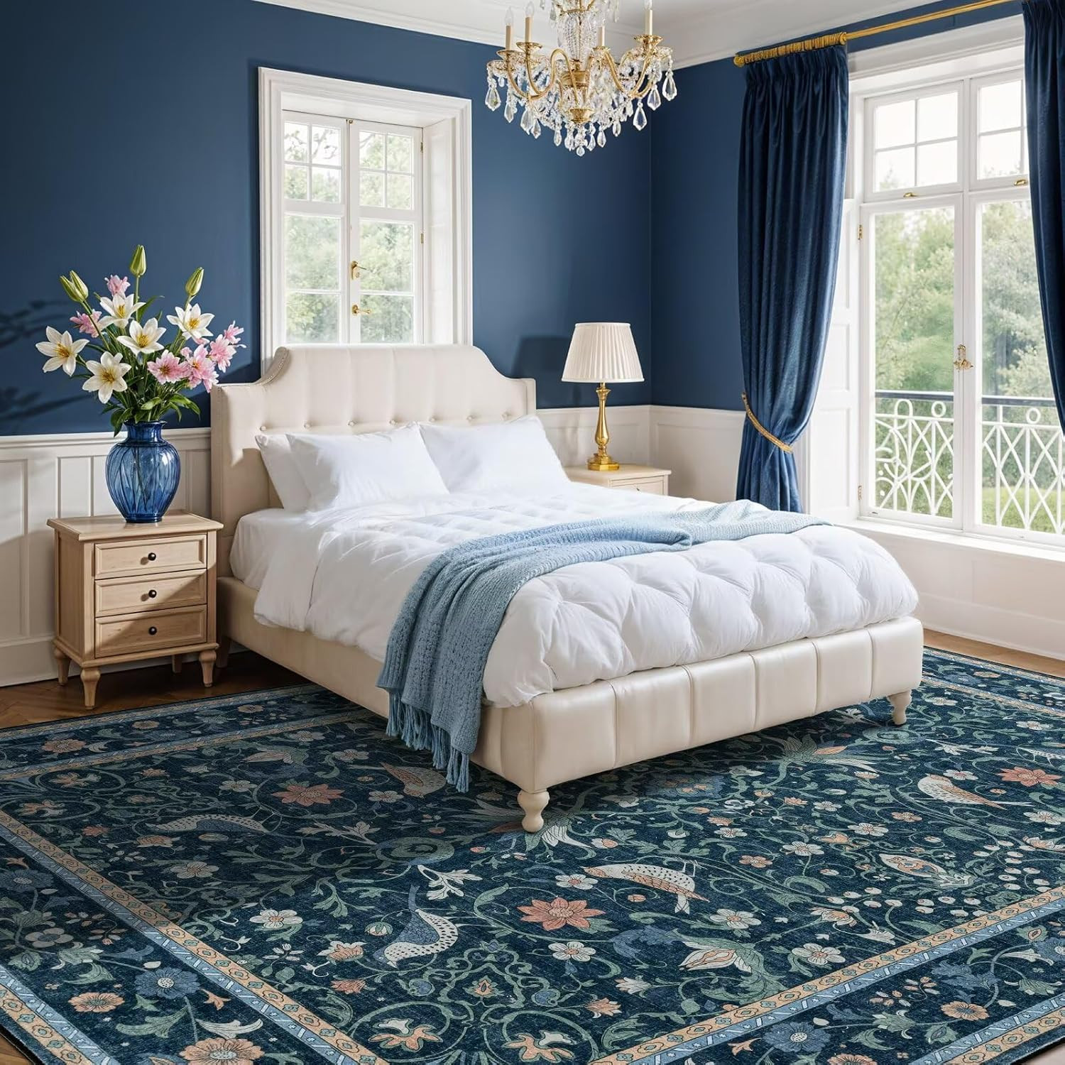 Blue Area Rugs for Living Room 8×10, Vintage Floral 8×10 Washable Rugs for Livin