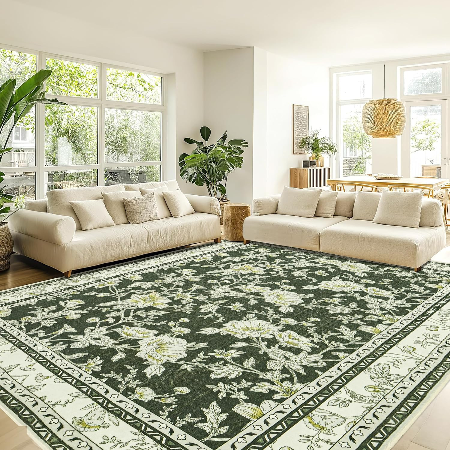 Olive Green Floral Print Area Rugs for Bedroom Living Room Boho Farmhouse Countr