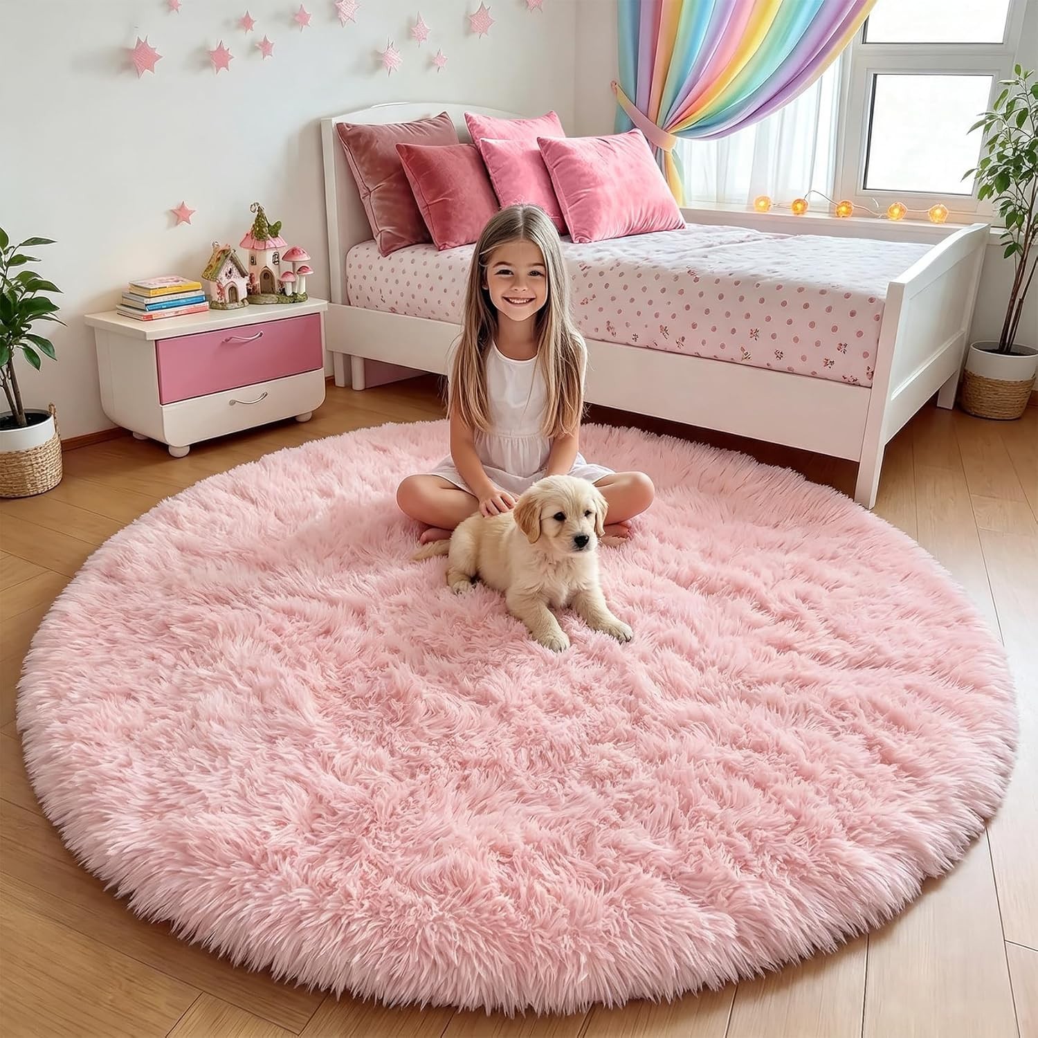 Soft Plush 4ft Round Pink Rug – Elegant Non-Slip Area Rug for Kids’ Bedrooms