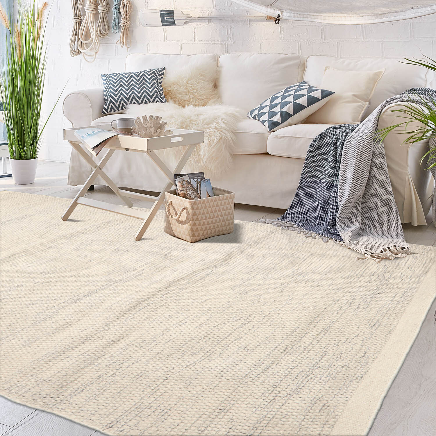 LoomBloom 5’3″x7’7″ Ivory Hand Woven Designer Kilim Flat Weave Wool Area Rug