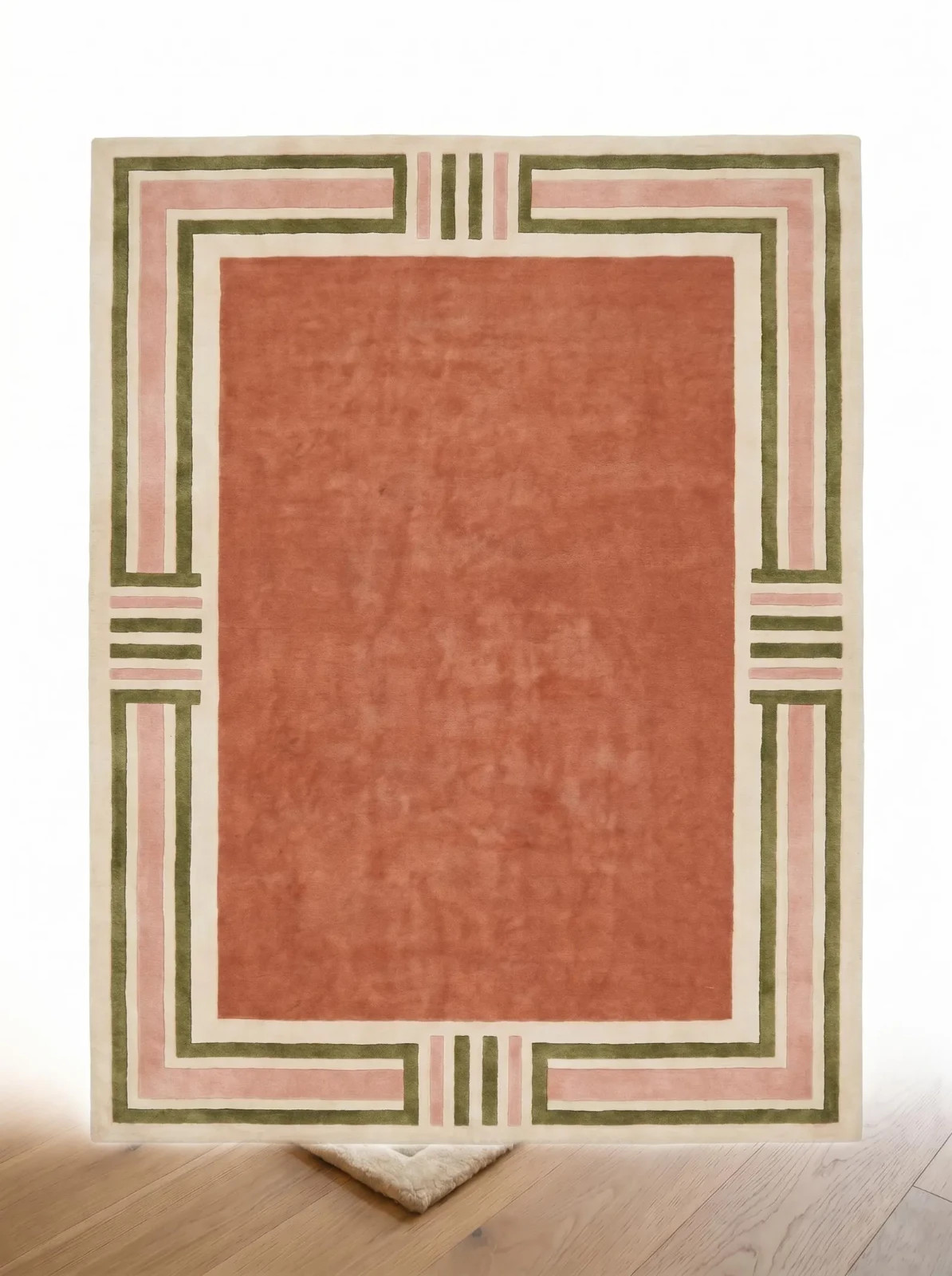 Hand Tufted Wool Rug 9×12 Large Modern Geometric Border Rug, Terracotta Area Rug